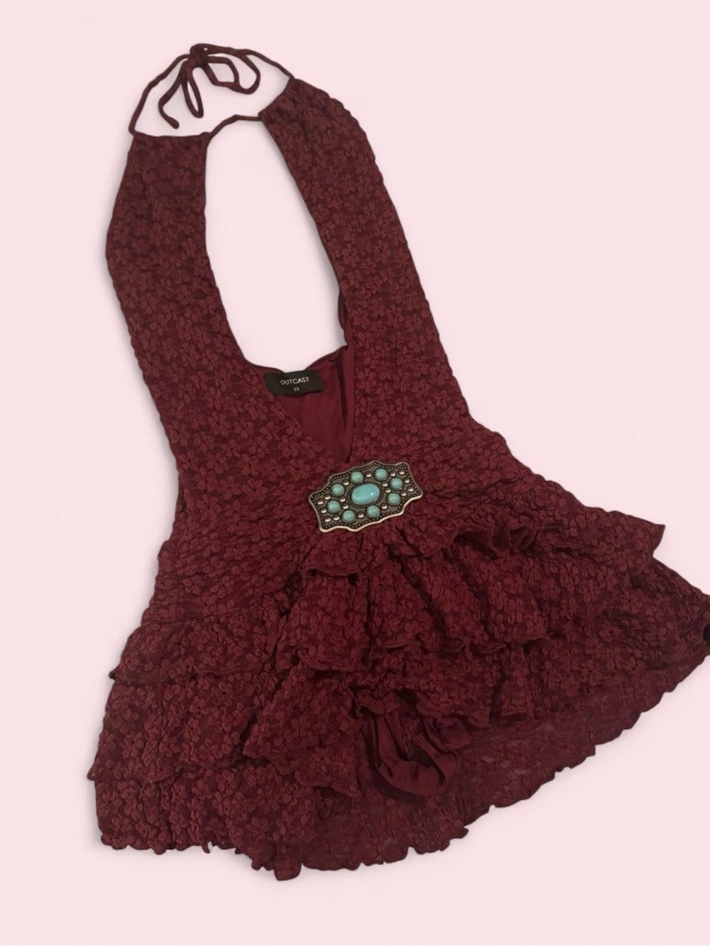Outcast Burgundy Halter Ruffle Dress with turquoise brooch